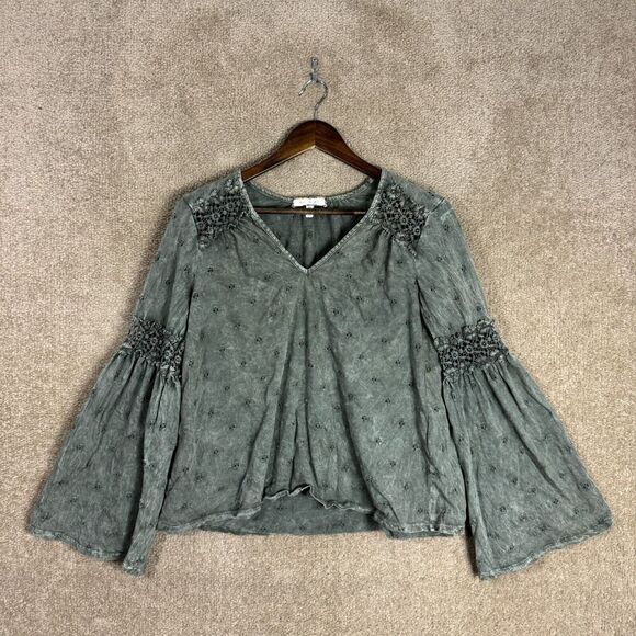 Anthropologie Eri +‎ Ali Calvie Top Women's XS Eyelet Bell Sleeve V Neck Blouse - Picture 2 of 10